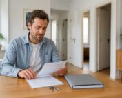 Propietario revisando un contrato de alquiler por habitaciones junto a unas llaves