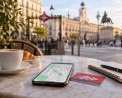 Teléfono con mapa sobre una mesa junto a una plaza madrileña