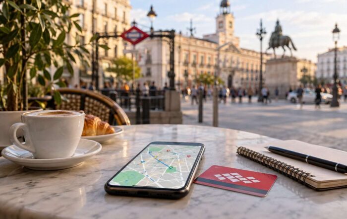Teléfono con mapa sobre una mesa junto a una plaza madrileña