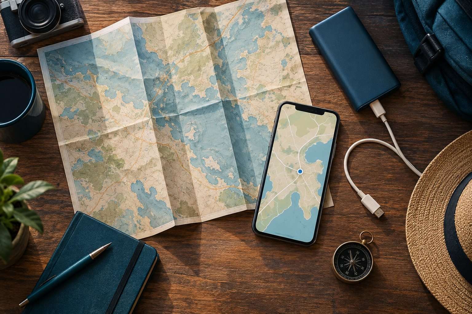 Mapa de papel, móvil y batería externa preparados antes de un viaje.